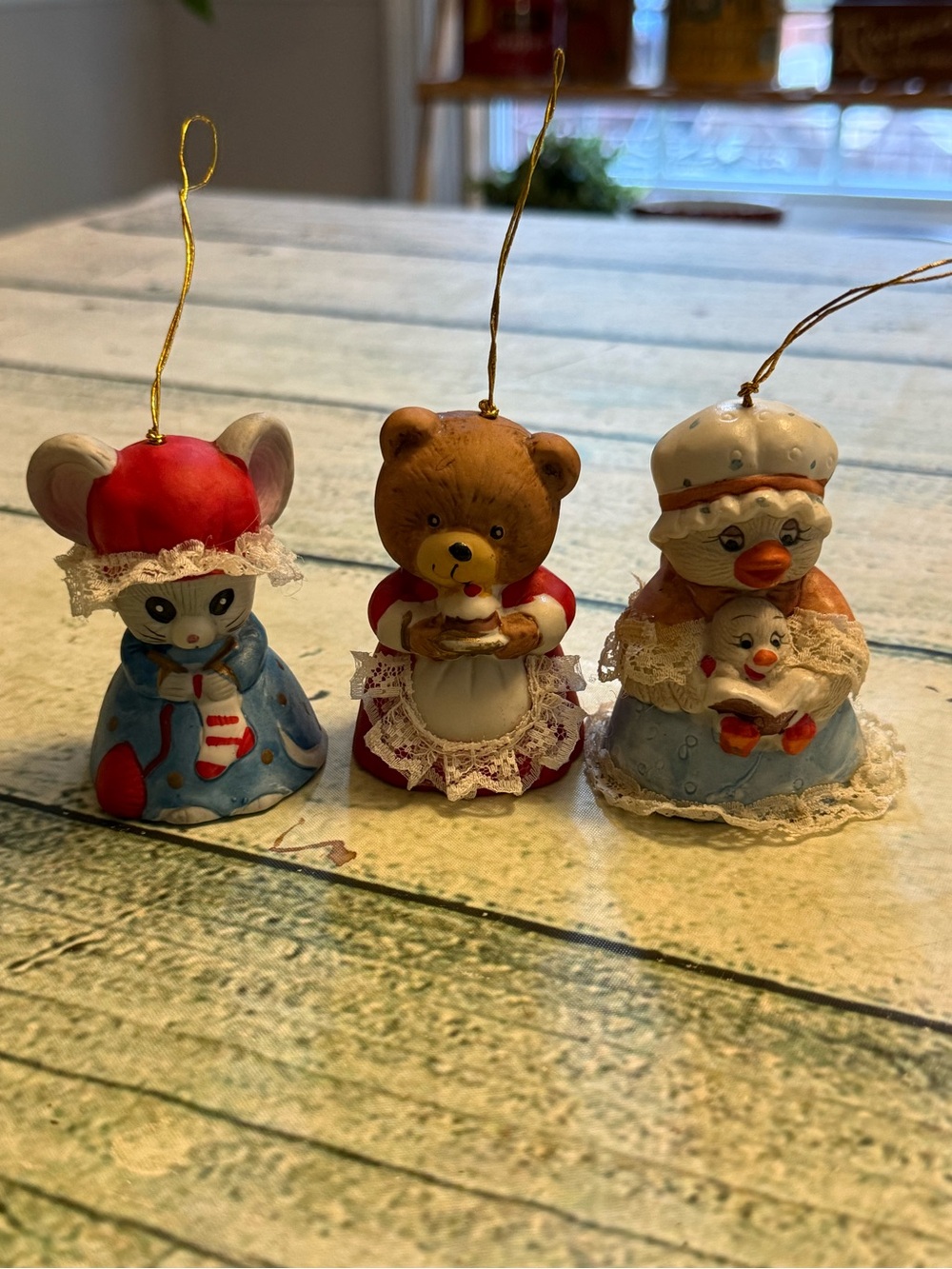 Vintage Jasco lil chimer caring critter bell ornaments. Goose bear mouse